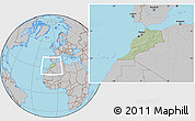 Savanna Style Location Map of Morocco, gray outside, hill shading inside