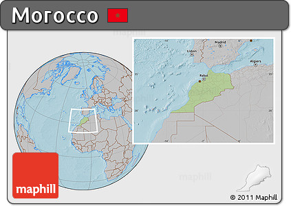 Savanna Style Location Map of Morocco, gray outside, hill shading outside