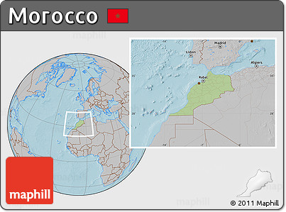 Savanna Style Location Map of Morocco, gray outside, hill shading outside