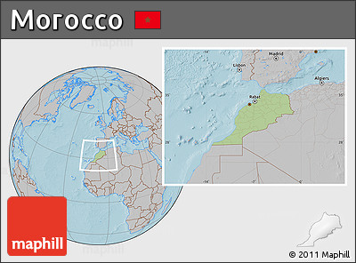 Savanna Style Location Map of Morocco, gray outside, hill shading outside