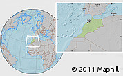 Savanna Style Location Map of Morocco, gray outside, hill shading outside