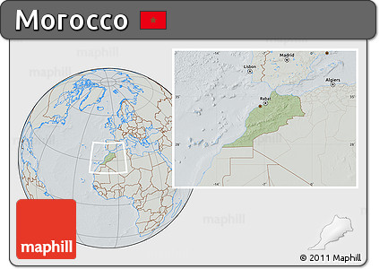 Savanna Style Location Map of Morocco, lighten, semi-desaturated, hill shading