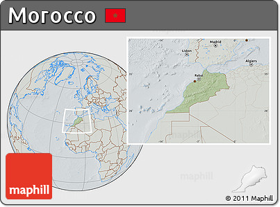 Savanna Style Location Map of Morocco, lighten, semi-desaturated, hill shading