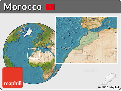 Savanna Style Location Map of Morocco, satellite outside, hill shading