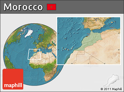 Savanna Style Location Map of Morocco, satellite outside, hill shading