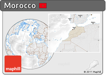 Shaded Relief Location Map of Morocco, lighten, desaturated