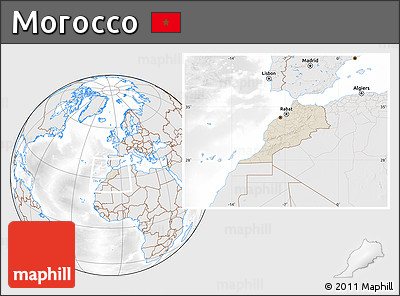 Shaded Relief Location Map of Morocco, lighten, desaturated