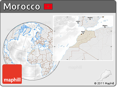 Shaded Relief Location Map of Morocco, lighten, desaturated