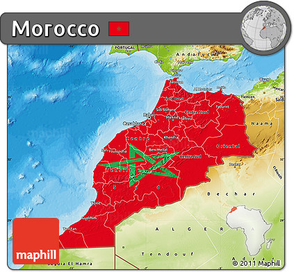 Flag Map of Morocco, physical outside, bathymetry sea, flag rotated