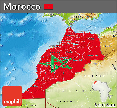 Flag Map of Morocco, physical outside, bathymetry sea, flag rotated