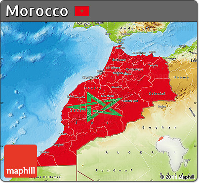 Flag Map of Morocco, physical outside, bathymetry sea, flag rotated