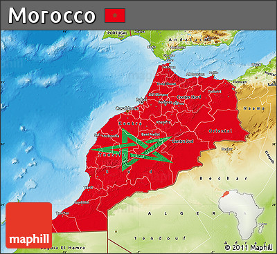 Flag Map of Morocco, physical outside, flag rotated