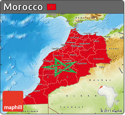 Flag Map of Morocco, physical outside, flag rotated