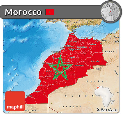 Flag Map of Morocco, satellite outside, bathymetry sea, flag centered