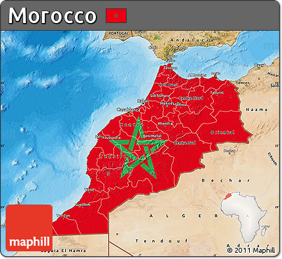 Flag Map of Morocco, satellite outside, bathymetry sea, flag centered
