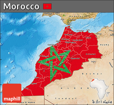 Flag Map of Morocco, satellite outside, bathymetry sea, flag aligned to the middle