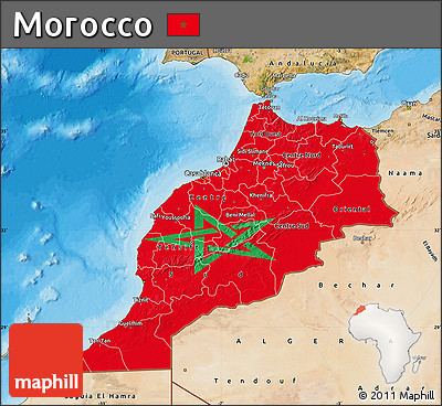 Flag Map of Morocco, satellite outside, bathymetry sea, flag rotated