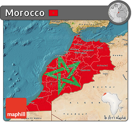 Flag Map of Morocco, satellite outside, flag aligned to the middle