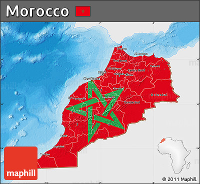 Flag Map of Morocco, single color outside, bathymetry sea, shaded relief sea, flag aligned to the middle