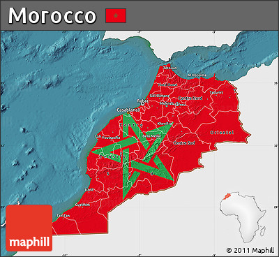 Flag Map of Morocco, single color outside, satellite sea, flag aligned to the middle