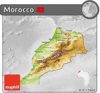Physical Map of Morocco, lighten, desaturated