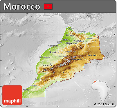 Physical Map of Morocco, lighten, desaturated