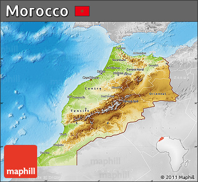 Physical Map of Morocco, lighten, desaturated, land only