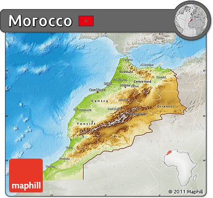 Physical Map of Morocco, lighten, semi-desaturated, land only