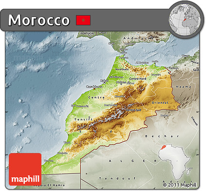 Physical Map of Morocco, semi-desaturated