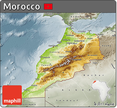 Physical Map of Morocco, semi-desaturated