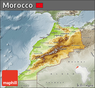 Physical Map of Morocco, semi-desaturated