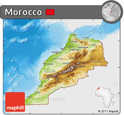Physical Map of Morocco, single color outside