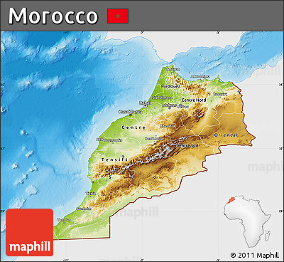 Physical Map of Morocco, single color outside