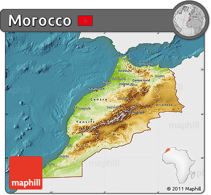 Physical Map of Morocco, single color outside, satellite sea