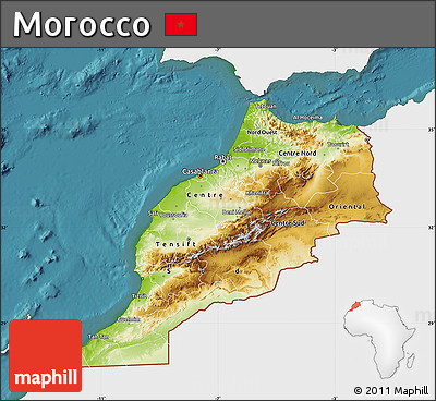 Physical Map of Morocco, single color outside, satellite sea