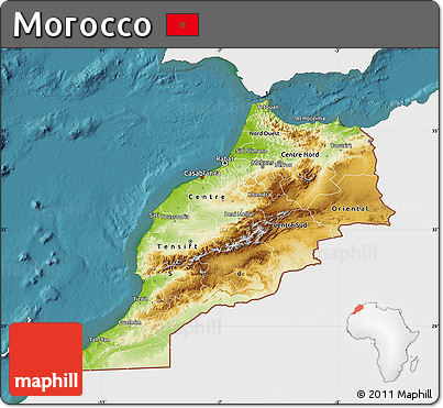 Physical Map of Morocco, single color outside, satellite sea