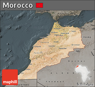 Satellite Map of Morocco, darken, semi-desaturated