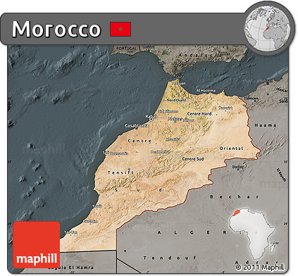 Satellite Map of Morocco, darken, semi-desaturated