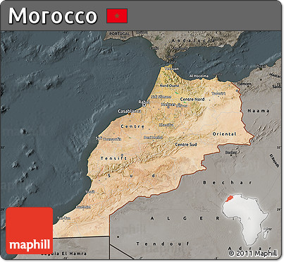 Satellite Map of Morocco, darken, semi-desaturated