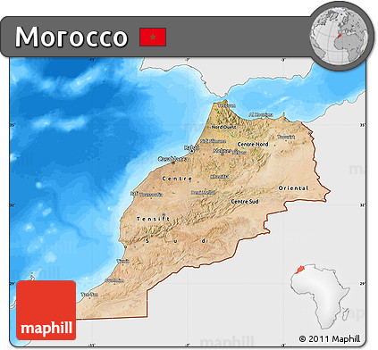 Satellite Map of Morocco, single color outside, bathymetry sea