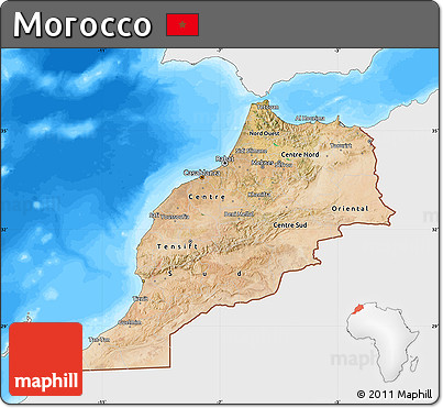 Satellite Map of Morocco, single color outside, bathymetry sea