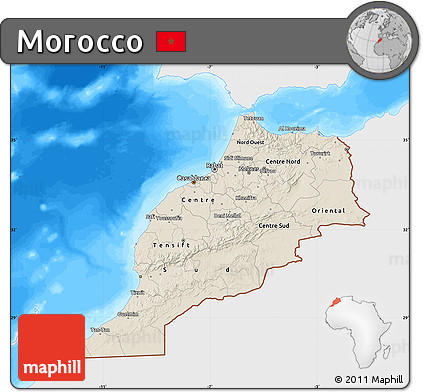 Shaded Relief Map of Morocco, single color outside, bathymetry sea
