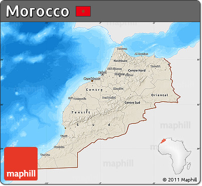 Shaded Relief Map of Morocco, single color outside, bathymetry sea