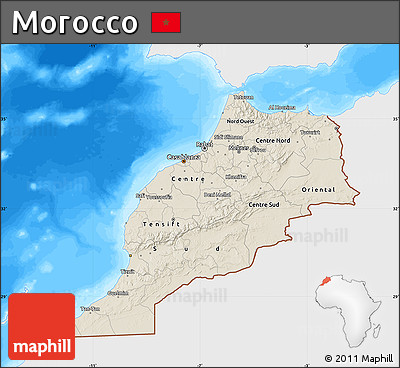 Shaded Relief Map of Morocco, single color outside, bathymetry sea