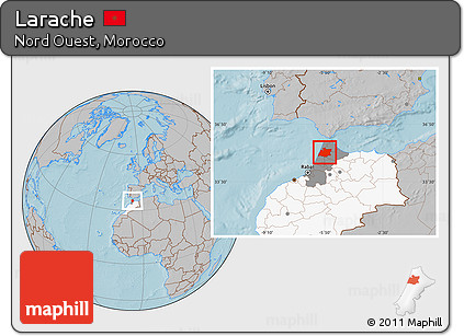 Gray Location Map of Larache, highlighted country, highlighted parent region, hill shading