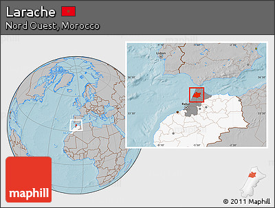 Gray Location Map of Larache, highlighted country, highlighted parent region, hill shading