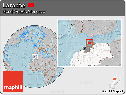 Gray Location Map of Larache, highlighted country, highlighted parent region, hill shading
