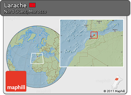 Savanna Style Location Map of Larache, within the entire country, hill shading