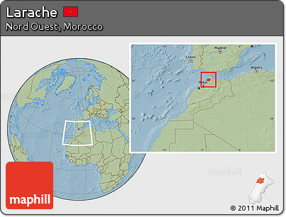 Savanna Style Location Map of Larache, within the entire country, hill shading