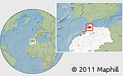 Savanna Style Location Map of Larache, highlighted country, hill shading